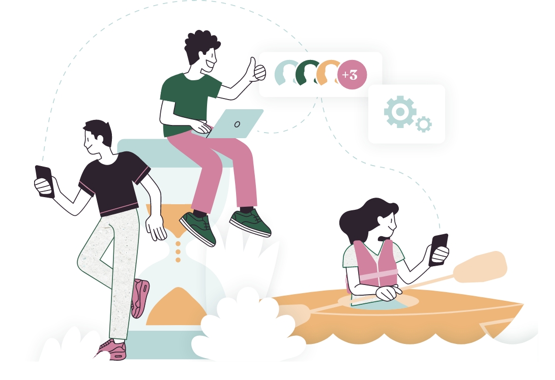 Illustration de la collaboration simplifiée entre les différents employés d'une activité de loisirs grâce à l'application Guidap