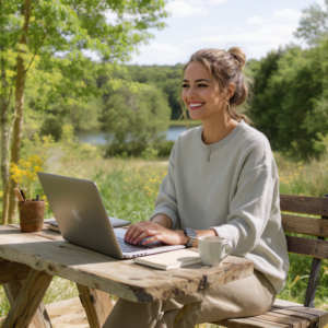 Personne assise devant son PC dans la nature